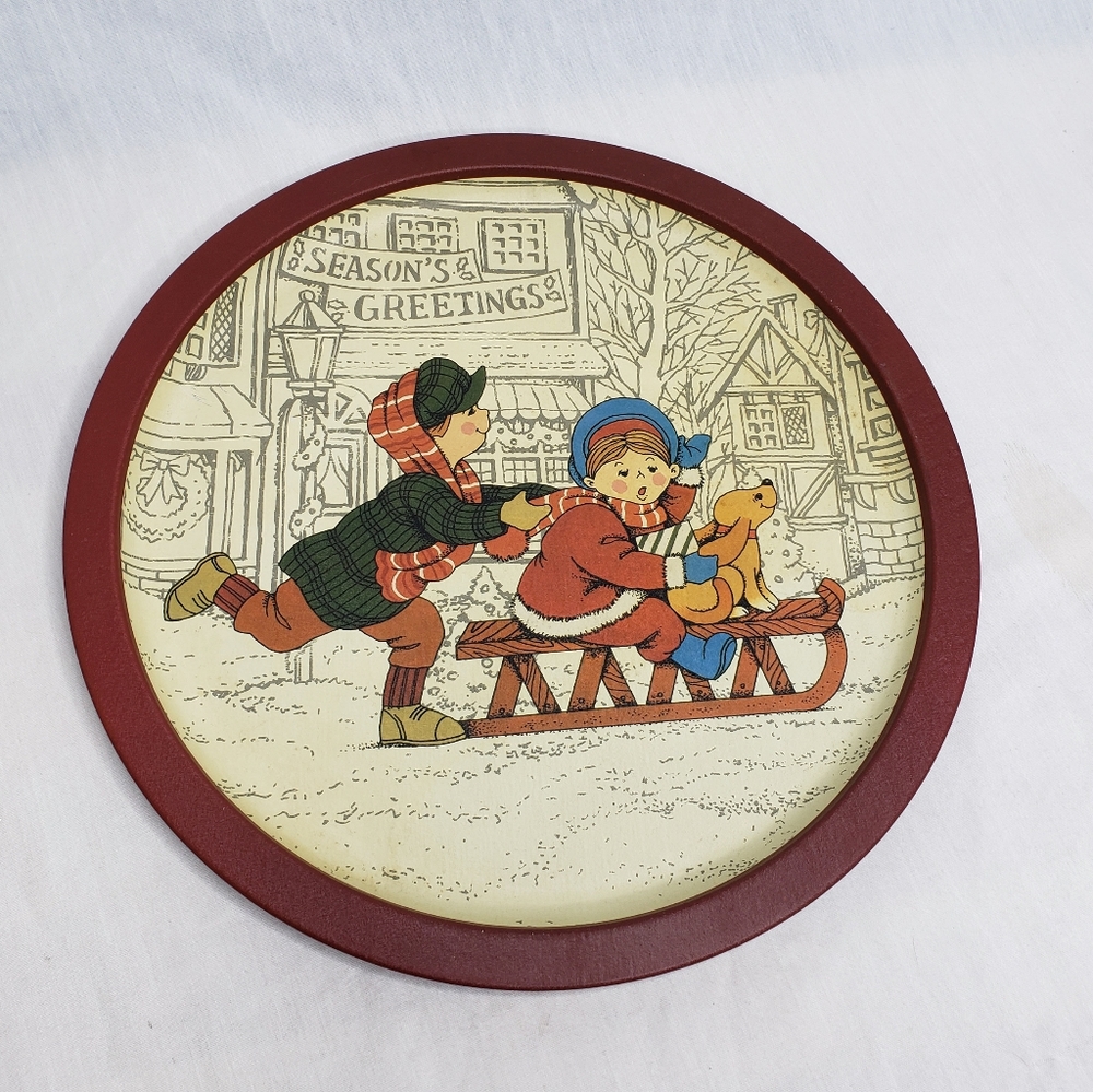 Vintage 80s Christmas Tin Tray  Seasons Greetings Boy Girl and  Dog Sleigh 12"